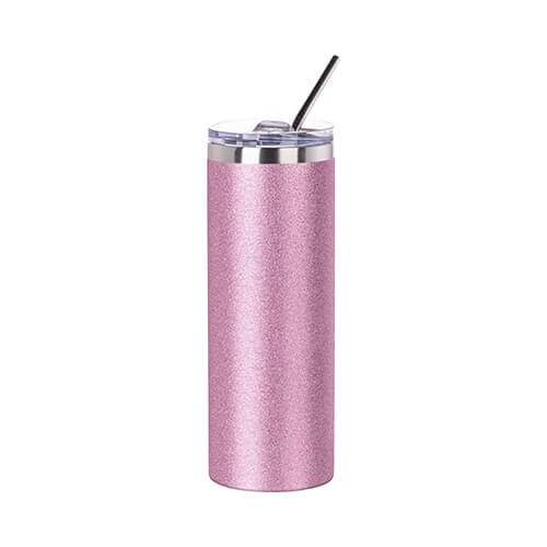 Szublimálható 600 ml-es, fém pohár szívószállal- pink csillámos