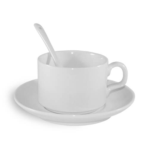 Szublimálható A+ besorolású, fehér csésze csészealjjal és teáskanállal